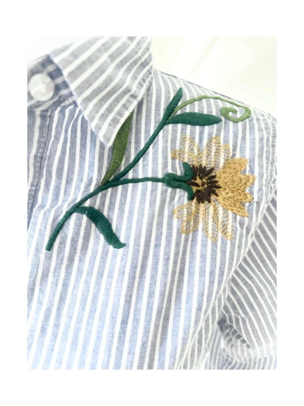Blue and White Striped Shirt with Floral Embroidery